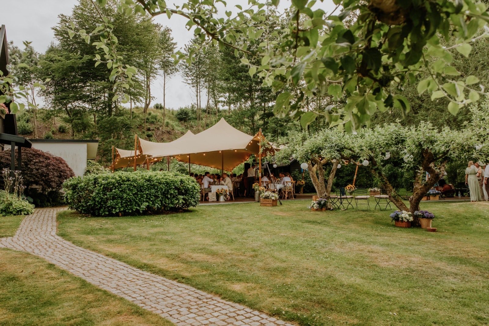 Festtältet sett från trädgården, med äppelträd, lyktor och gäster som sitter till bords.